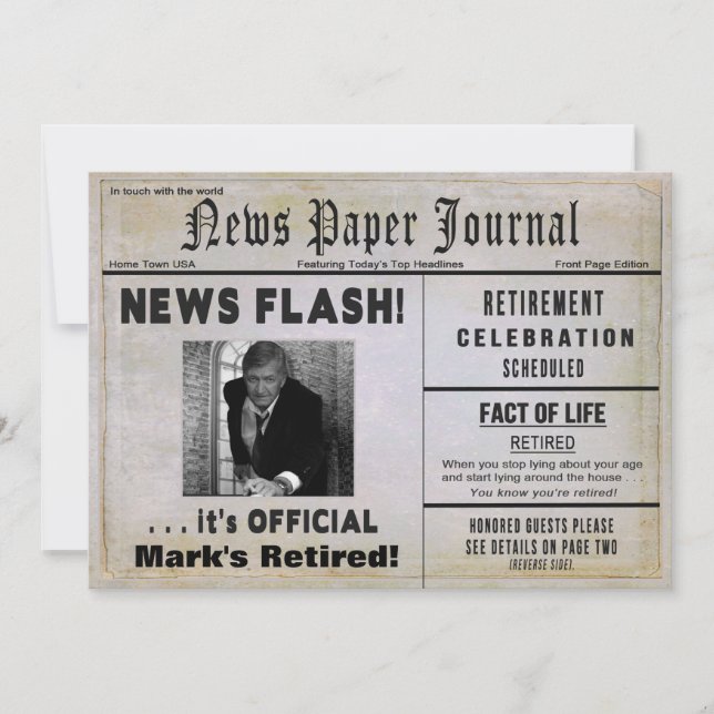 RETIREMENT NEWS FLASH INVITE -PHOTO & NAME INSERT (Front)