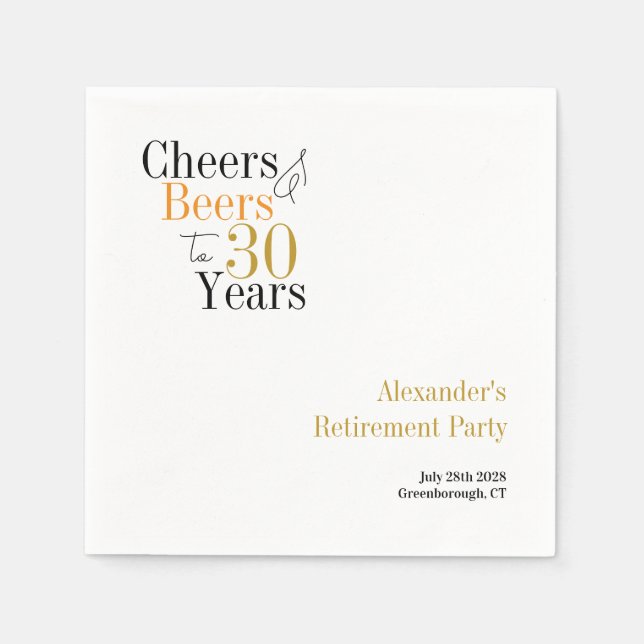 Retirement Party 30 Years Cheers and Beers Minimal Napkin (Front)