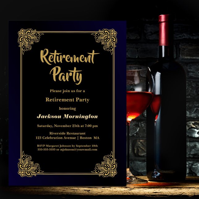 Retirement Party Black with Gold Frame Invitation (Creator Uploaded)