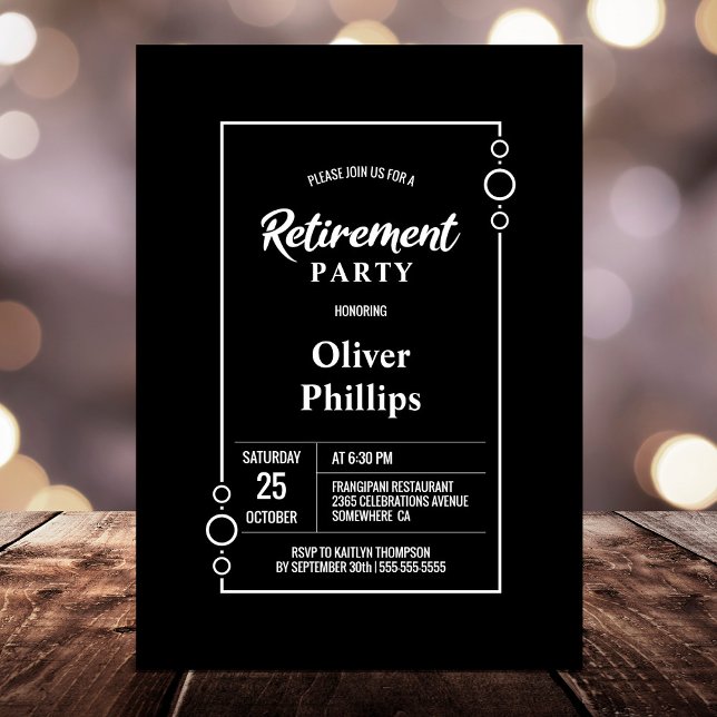 Retirement Party Black with White Frame Party Invitation (Creator Uploaded)