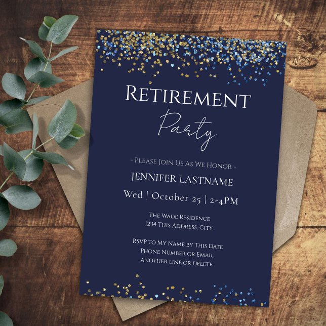 Retirement Party Blue and Gold Confetti  Invitation (Creator Uploaded)