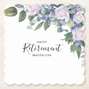 Retirement Party Blue White Floral Paper Coaster