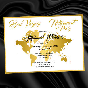 Retirement Party Bon Voyage Golden Border Worldmap Invitation