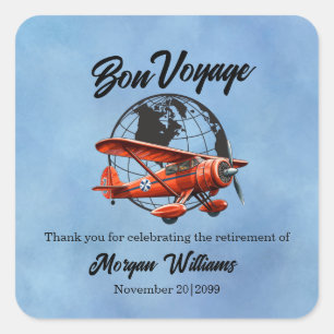 Retirement Party Bon Voyage Travel Globe Plane  Square Sticker