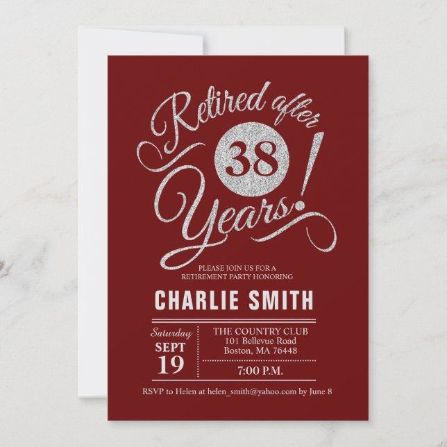 Retirement Party - Burgundy Maroon Silver Invitation (Front)