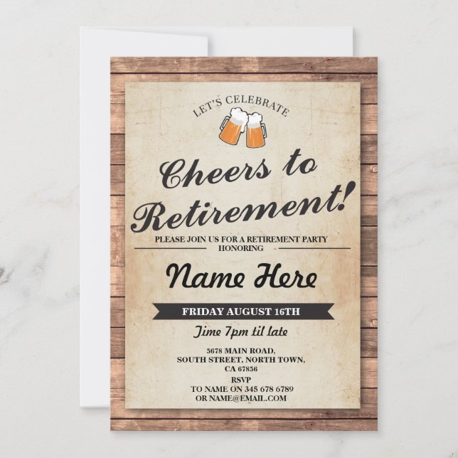 Retirement Party Cheers Beers Wood Pub Invitation (Front)