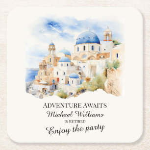 Retirement Party Colourful Greece Village Hill Square Paper Coaster