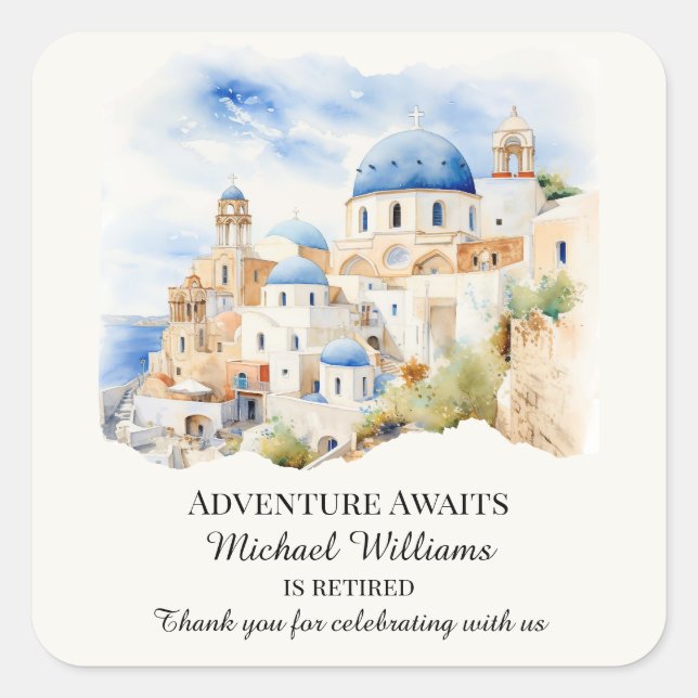 Retirement Party Colourful Greece Village Hill Square Sticker (Front)