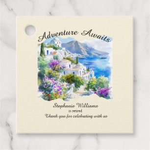 Retirement Party Colourful Greece Village Ocean Favour Tags