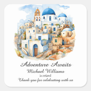 Retirement Party Colourful Greece Village Ocean Square Sticker