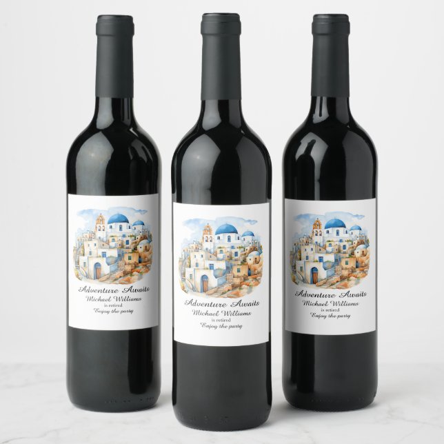 Retirement Party Colourful Greece Village Ocean Wine Label (Bottles)