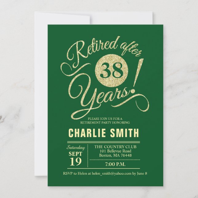 Retirement Party - Dark Green Gold Invitation (Front)
