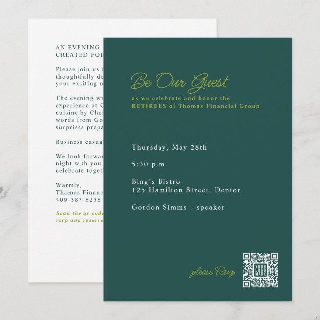 Retirement Party Dinner with QR code Invitation (Front/Back)