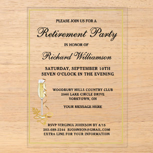 Retirement Party Elegant Black and Gold Acrylic Invitations