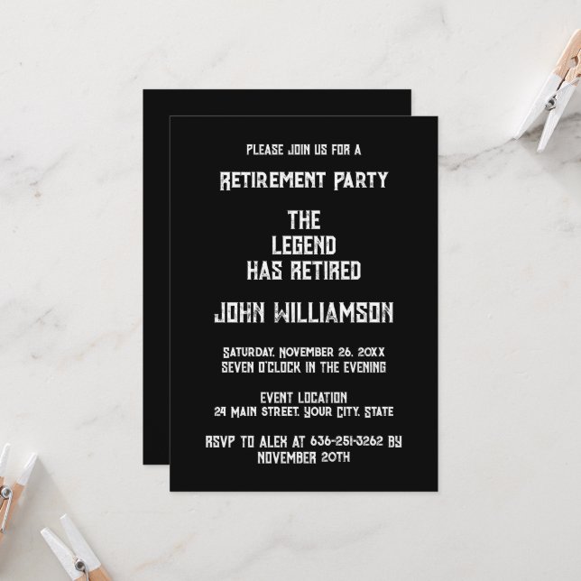 Retirement party elegant Black and White Invitation (Front/Back In Situ)