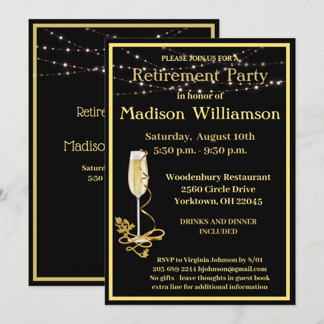 Retirement Party Elegant Black Gold Invitation (Front/Back)