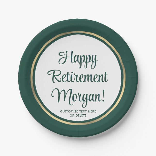 Retirement Party Elegant Green and Gold Bordered Paper Plate (Front)