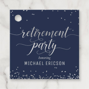 Retirement Party Favour Tag Elegant Silver, Navy