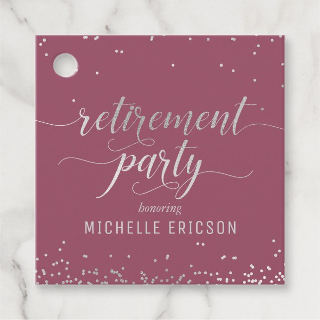 Retirement Party Favour Tag Elegant Silver, Pink (Front)