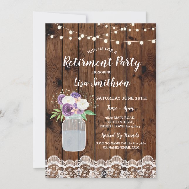 Retirement Party Floral Lace Wood Mason Jar Invite (Front)