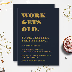 Retirement Party Funny Navy Blue Gold Humourous Invitation