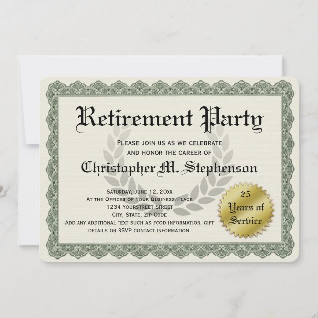 Retirement Party Funny Recognition Certificate Invitation (Front)
