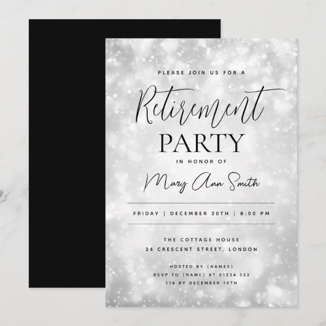 Retirement Party Glam Silver Champagne Sparkle Invitation (Front/Back)
