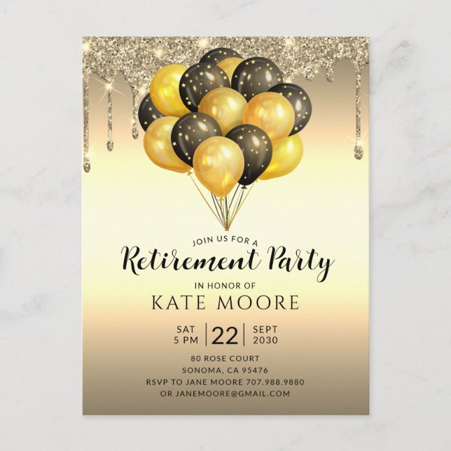 Retirement Party Gold Black Balloons Glitter Drips Announcement Postcard (Front)