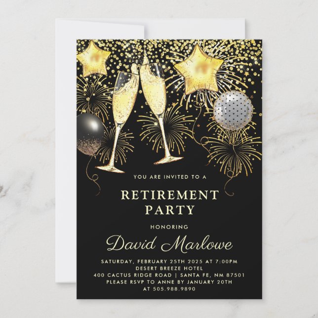 Retirement Party Gold Black Confetti Champagne  Invitation (Front)