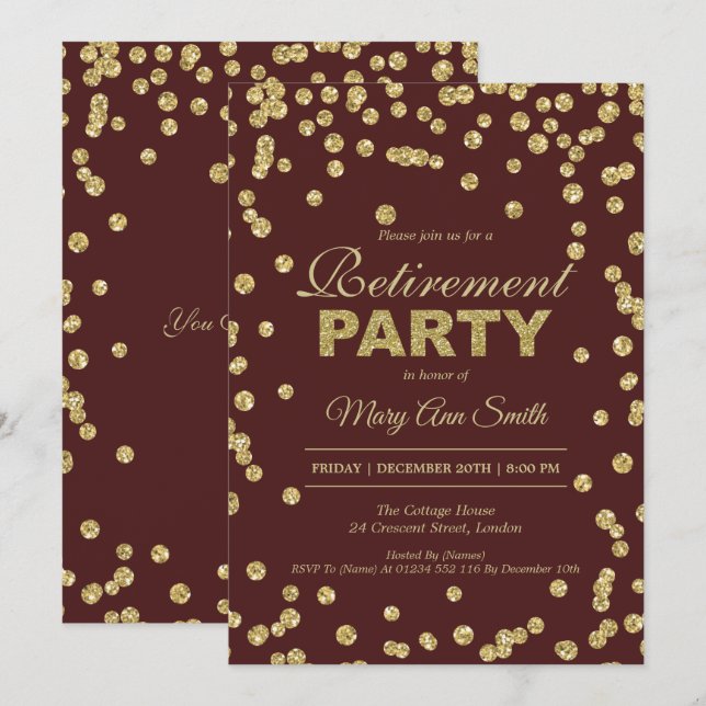 Retirement Party Gold Burgundy Glitter Confetti Invitation (Front/Back)