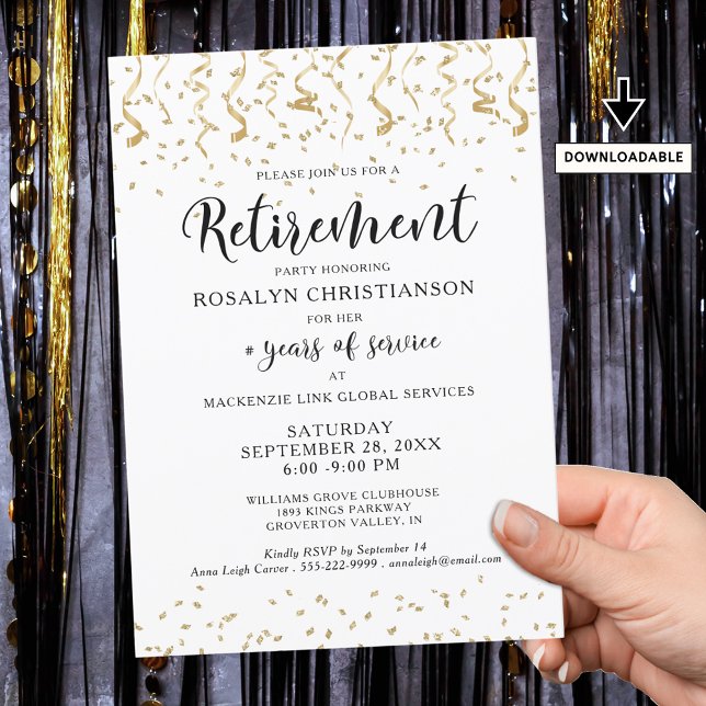Retirement Party Gold Confetti Streamers Script Invitation (Creator Uploaded)