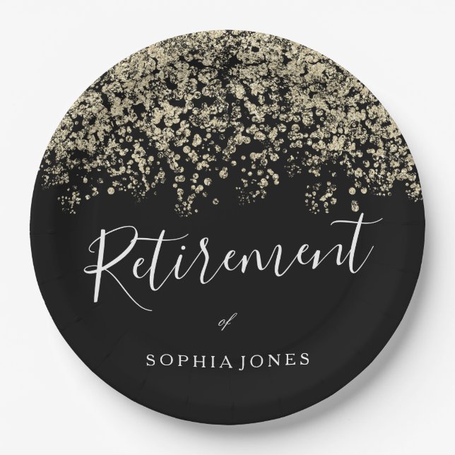 Retirement Party Gold Glitter Confetti Paper Plate (Front)