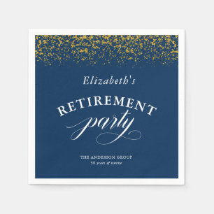 Retirement Party Gold Glitter Elegant Script Blue Napkin