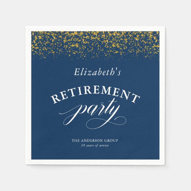 Retirement Party Gold Glitter Elegant Script Blue Napkin (Front)
