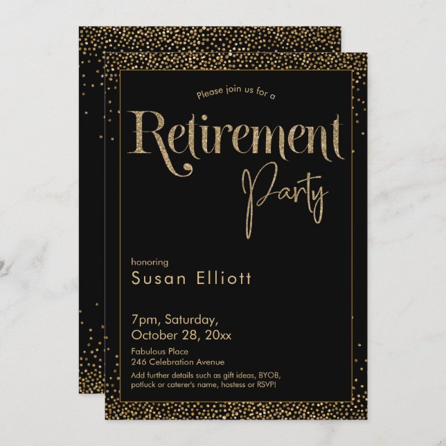 Retirement Party Gold Glitter on Black Invitation (Front/Back)