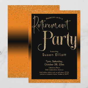 Retirement Party Gold Glitter on Bright Orange Invitation