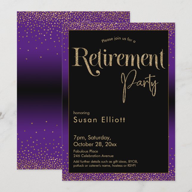 Retirement Party Gold Glitter on Bright Purple Invitation (Front/Back)