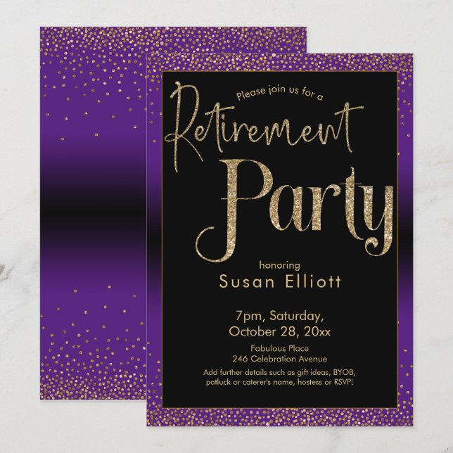 Retirement Party Gold Glitter on Bright Purple Invitation (Front/Back)