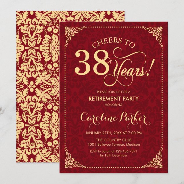 Retirement Party - Gold Red Damask Invitation (Front/Back)