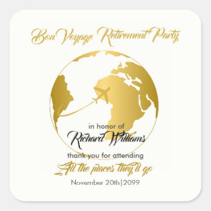 Retirement Party Golden Border Globe Bon Voyage Square Sticker