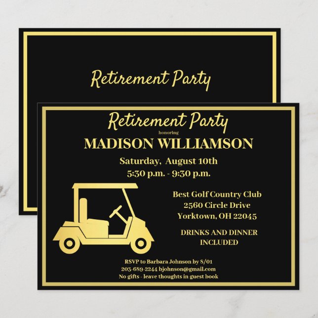 Retirement Party Golf Black Gold   Invitation (Front/Back)