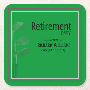 Retirement Party Golf Modern Corporate Green Black Square Paper Coaster