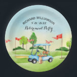 Retirement Party Golf   Paper Plate<br><div class="desc">This festive and colourful Retirement Party paper plate has a Golf theme and it's perfect for a Golfer. It features a Golf Cart with Golf Clubs on a Golf Course, Much to personalize to make appropriate for your own event -- might order a bit more to make it the perfect...</div>