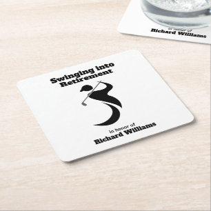 Retirement party golf player swinging modern style square paper coaster