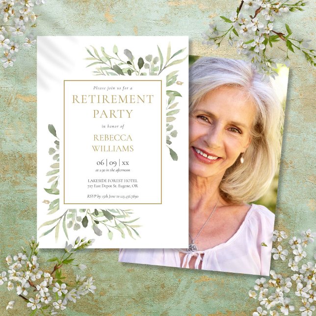 Retirement Party Greenery Foliage Photo Invitation (Retirement Party Greenery Foliage Photo Invitation)