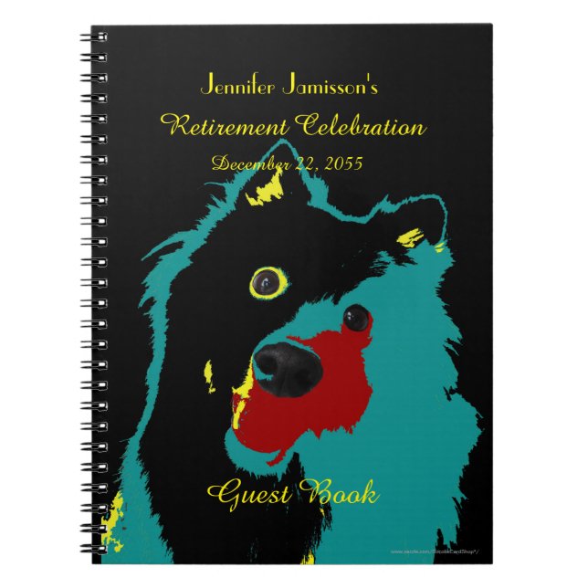 Retirement Party Guest Book, Name, Teal Dog Spiral Notebook (Front)