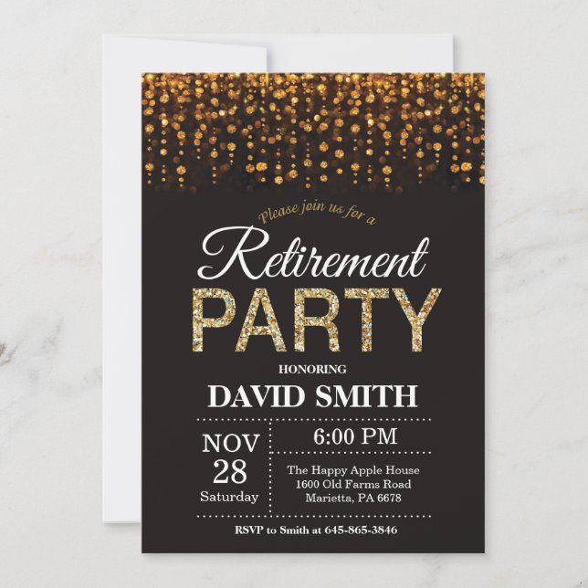 Retirement Party Invitation Black and Gold Glitter (Front)