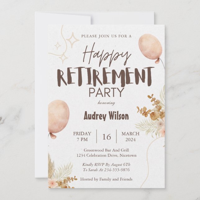 Retirement Party Invitation Happy Brown Beige (Front)