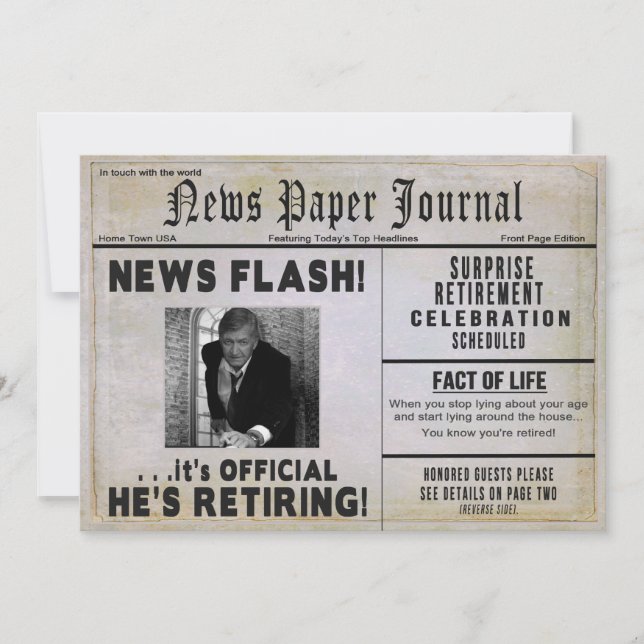 Retirement Party Invitation - PHOTO INSERT/ News (Front)