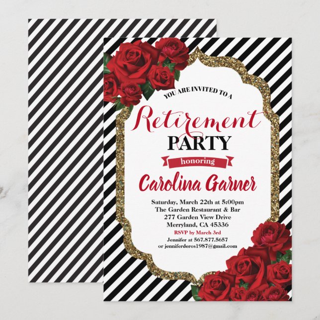 Retirement party invitation red roses and gold (Front/Back)